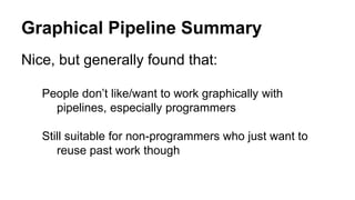 Nice, but generally found that:
People don’t like/want to work graphically with
pipelines, especially programmers
Still suitable for non-programmers who just want to
reuse past work though
Graphical Pipeline Summary
 