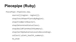 PiecePipe::Pipeline.new.
source([{region: region}]).
step(FetchPowerPlantsByRegion).
step(FindWorstReactor).
step(DetermineStatusClass).
step(BuildPlantHealthSummary).
step(SortByRadiationLevelsDescending).
collect(:plant_health_summary).
to_enum
Piecepipe (Ruby)
 