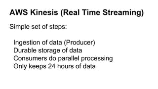 AWS Kinesis (Real Time Streaming)
Simple set of steps:
Ingestion of data (Producer)
Durable storage of data
Consumers do parallel processing
Only keeps 24 hours of data
 
