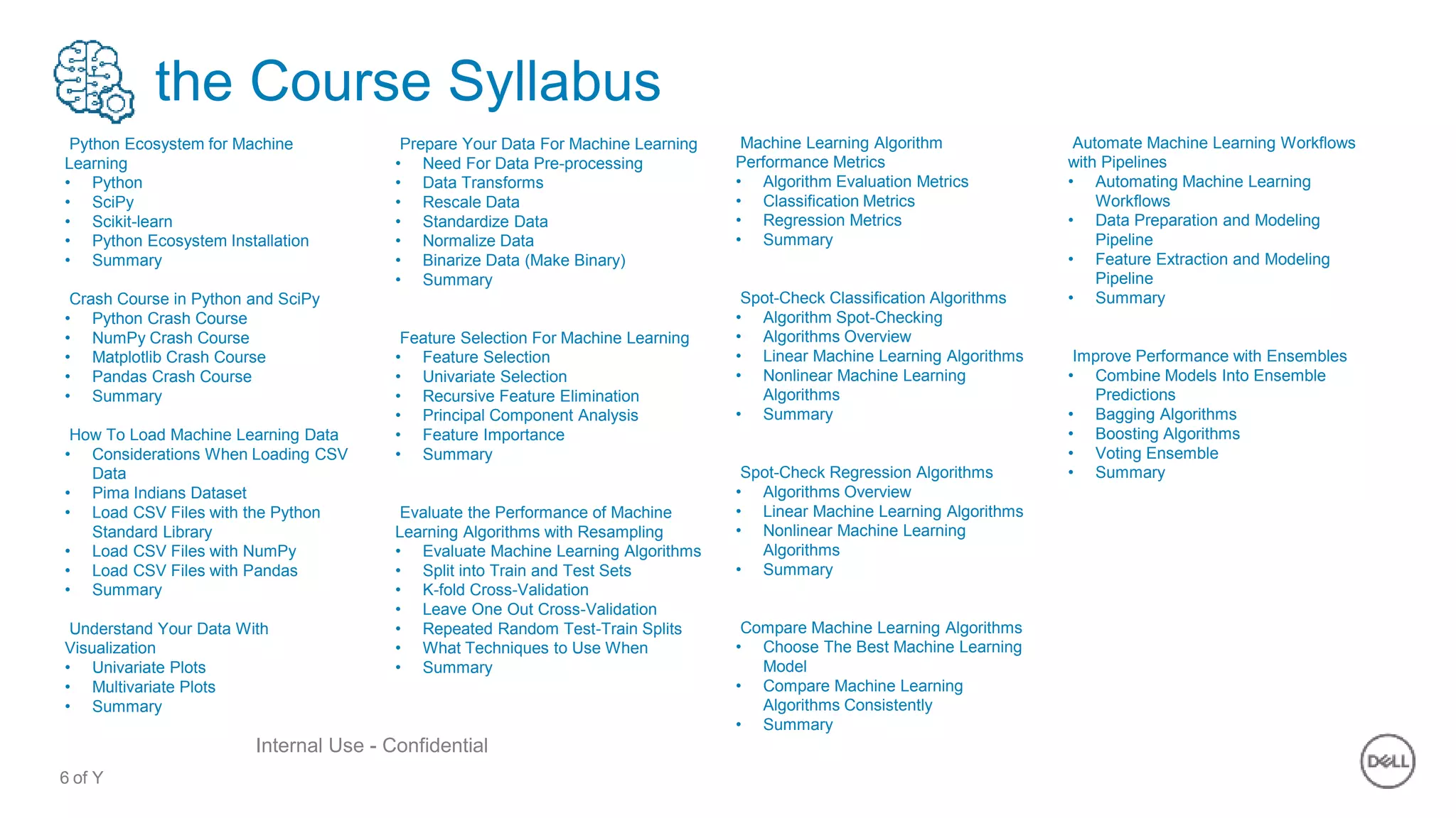 6 of Y
Internal Use - Confidential
the Course Syllabus
Python Ecosystem for Machine
Learning
• Python
• SciPy
• Scikit-learn
• Python Ecosystem Installation
• Summary
Crash Course in Python and SciPy
• Python Crash Course
• NumPy Crash Course
• Matplotlib Crash Course
• Pandas Crash Course
• Summary
How To Load Machine Learning Data
• Considerations When Loading CSV
Data
• Pima Indians Dataset
• Load CSV Files with the Python
Standard Library
• Load CSV Files with NumPy
• Load CSV Files with Pandas
• Summary
Understand Your Data With
Visualization
• Univariate Plots
• Multivariate Plots
• Summary
Prepare Your Data For Machine Learning
• Need For Data Pre-processing
• Data Transforms
• Rescale Data
• Standardize Data
• Normalize Data
• Binarize Data (Make Binary)
• Summary
Feature Selection For Machine Learning
• Feature Selection
• Univariate Selection
• Recursive Feature Elimination
• Principal Component Analysis
• Feature Importance
• Summary
Evaluate the Performance of Machine
Learning Algorithms with Resampling
• Evaluate Machine Learning Algorithms
• Split into Train and Test Sets
• K-fold Cross-Validation
• Leave One Out Cross-Validation
• Repeated Random Test-Train Splits
• What Techniques to Use When
• Summary
Machine Learning Algorithm
Performance Metrics
• Algorithm Evaluation Metrics
• Classification Metrics
• Regression Metrics
• Summary
Spot-Check Classification Algorithms
• Algorithm Spot-Checking
• Algorithms Overview
• Linear Machine Learning Algorithms
• Nonlinear Machine Learning
Algorithms
• Summary
Spot-Check Regression Algorithms
• Algorithms Overview
• Linear Machine Learning Algorithms
• Nonlinear Machine Learning
Algorithms
• Summary
Compare Machine Learning Algorithms
• Choose The Best Machine Learning
Model
• Compare Machine Learning
Algorithms Consistently
• Summary
Automate Machine Learning Workflows
with Pipelines
• Automating Machine Learning
Workflows
• Data Preparation and Modeling
Pipeline
• Feature Extraction and Modeling
Pipeline
• Summary
Improve Performance with Ensembles
• Combine Models Into Ensemble
Predictions
• Bagging Algorithms
• Boosting Algorithms
• Voting Ensemble
• Summary
 