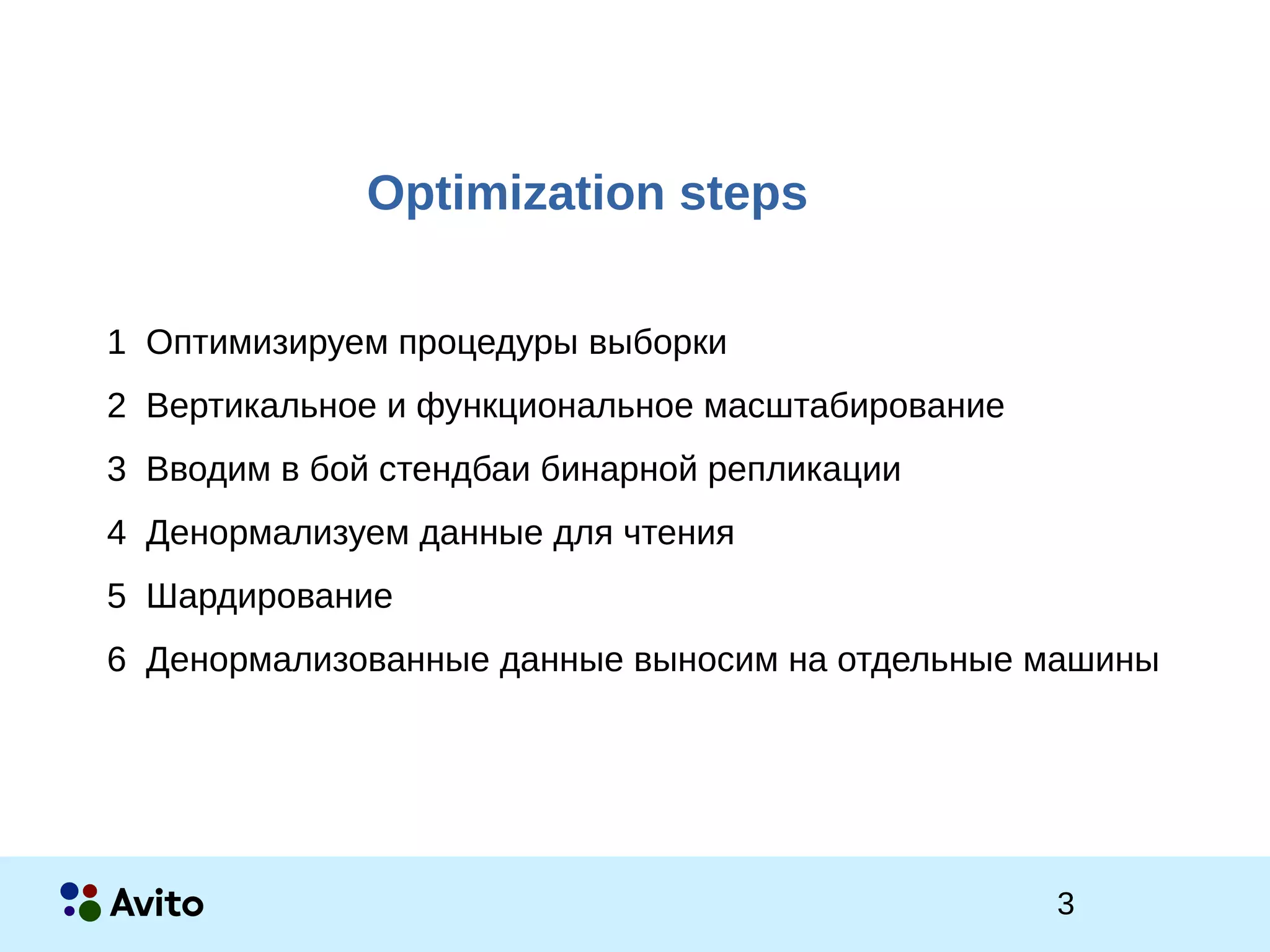 3Strictly Confidential 3Strictly Confidential 3
1 Оптимизируем процедуры выборки
2 Вертикальное и функциональное масштабирование
3 Вводим в бой стендбаи бинарной репликации
4 Денормализуем данные для чтения
5 Шардирование
6 Денормализованные данные выносим на отдельные машины
Optimization steps
 