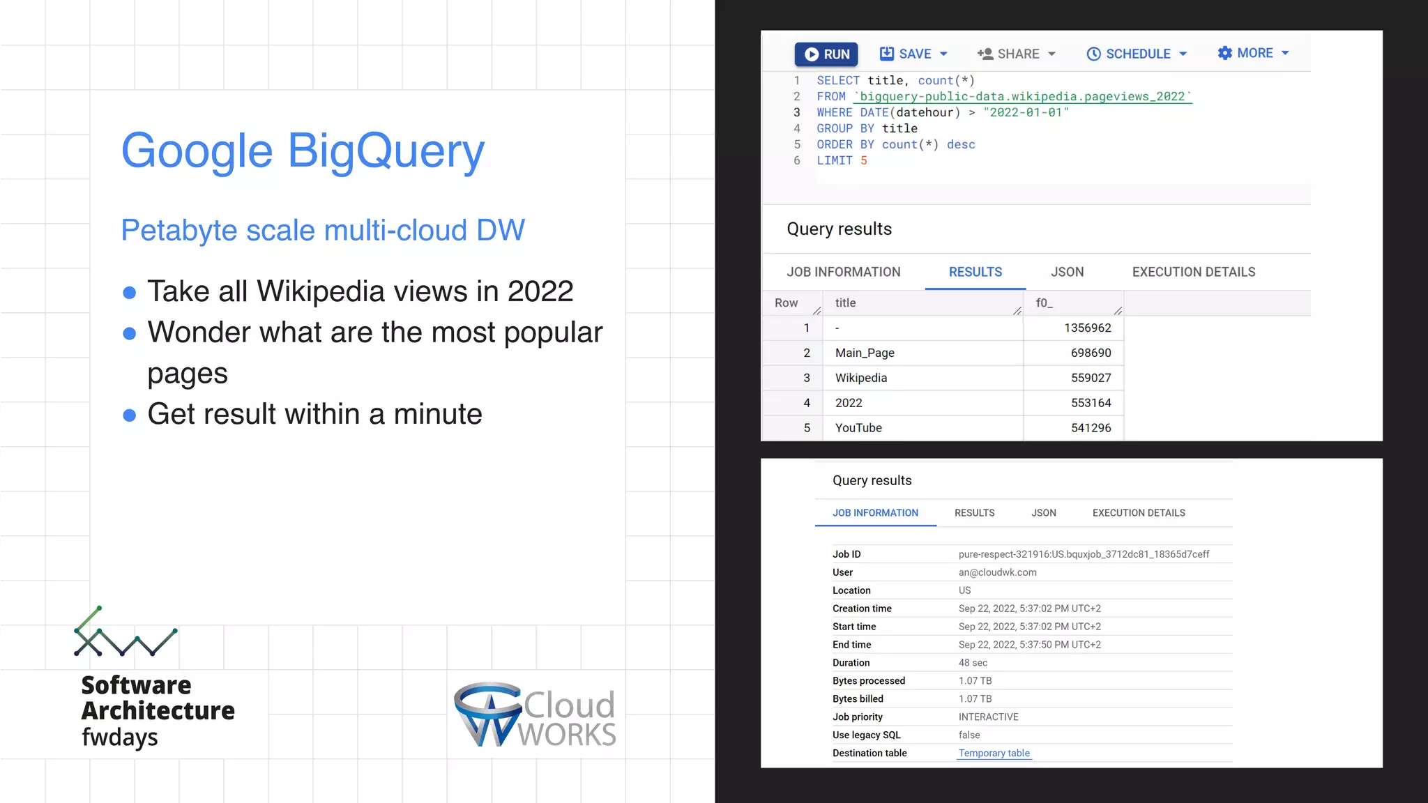 Google BigQuery
Petabyte scale multi-cloud DW
! Take all Wikipedia views in 2022
! Wonder what are the most popular
pages
! Get result within a minute
 