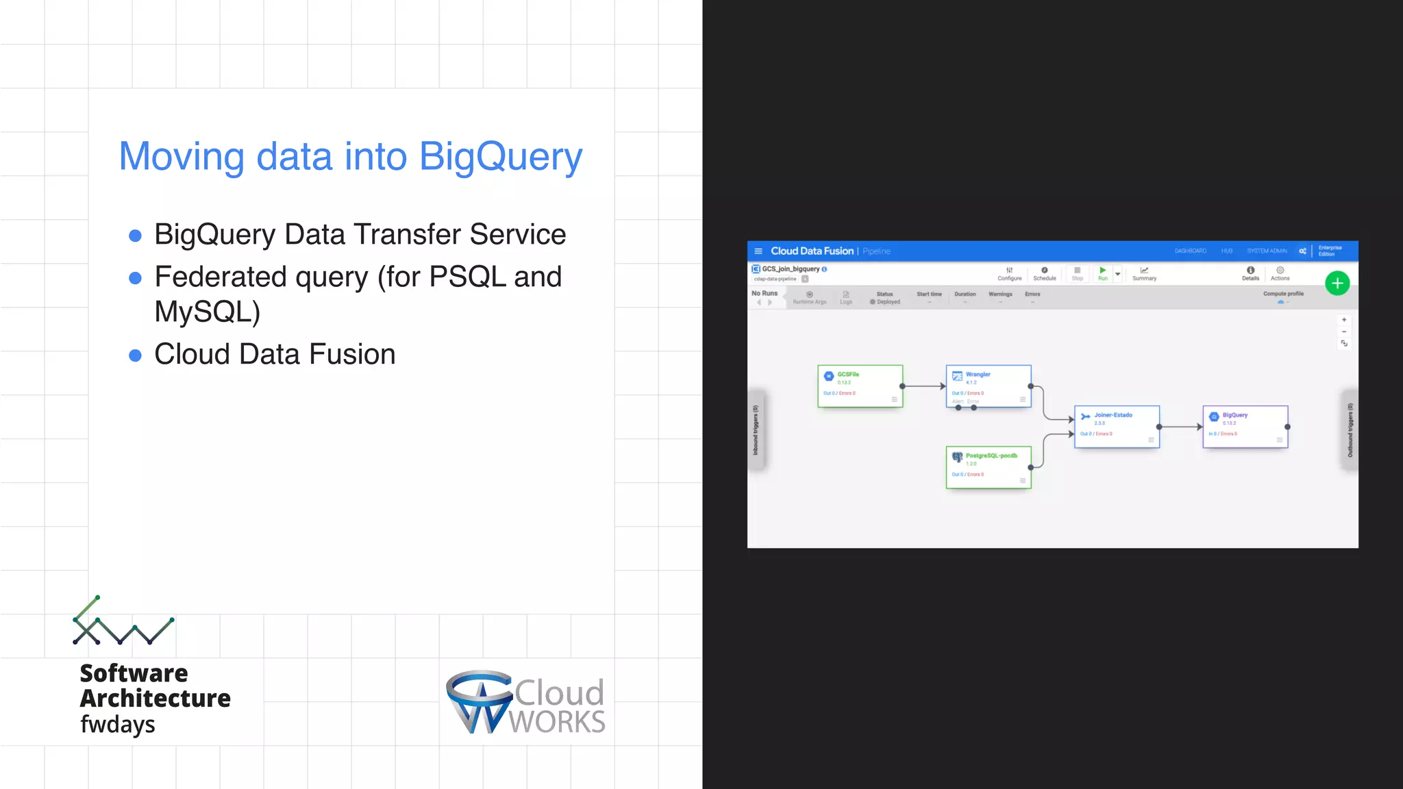 ! BigQuery Data Transfer Service
! Federated query (for PSQL and
MySQL)
! Cloud Data Fusion
Moving data into BigQuery
 