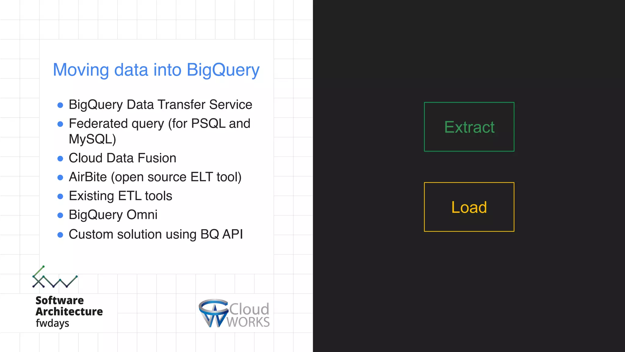 ! BigQuery Data Transfer Service
! Federated query (for PSQL and
MySQL)
! Cloud Data Fusion
! AirBite (open source ELT tool)
! Existing ETL tools
! BigQuery Omni
! Custom solution using BQ API
Extract
Load
Moving data into BigQuery
 