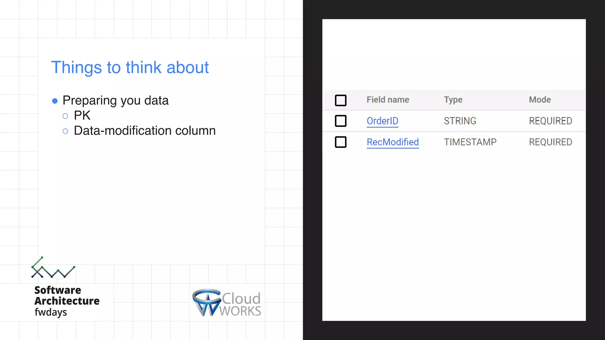 ! Preparing you data
○ PK
○ Data-modification column
Things to think about
 