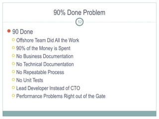 90% Done Problem
52
90 Done
 Offshore Team Did All the Work
 90% of the Money is Spent
 No Business Documentation
 No Technical Documentation
 No Repeatable Process
 No Unit Tests
 Lead Developer Instead of CTO
 Performance Problems Right out of the Gate
 