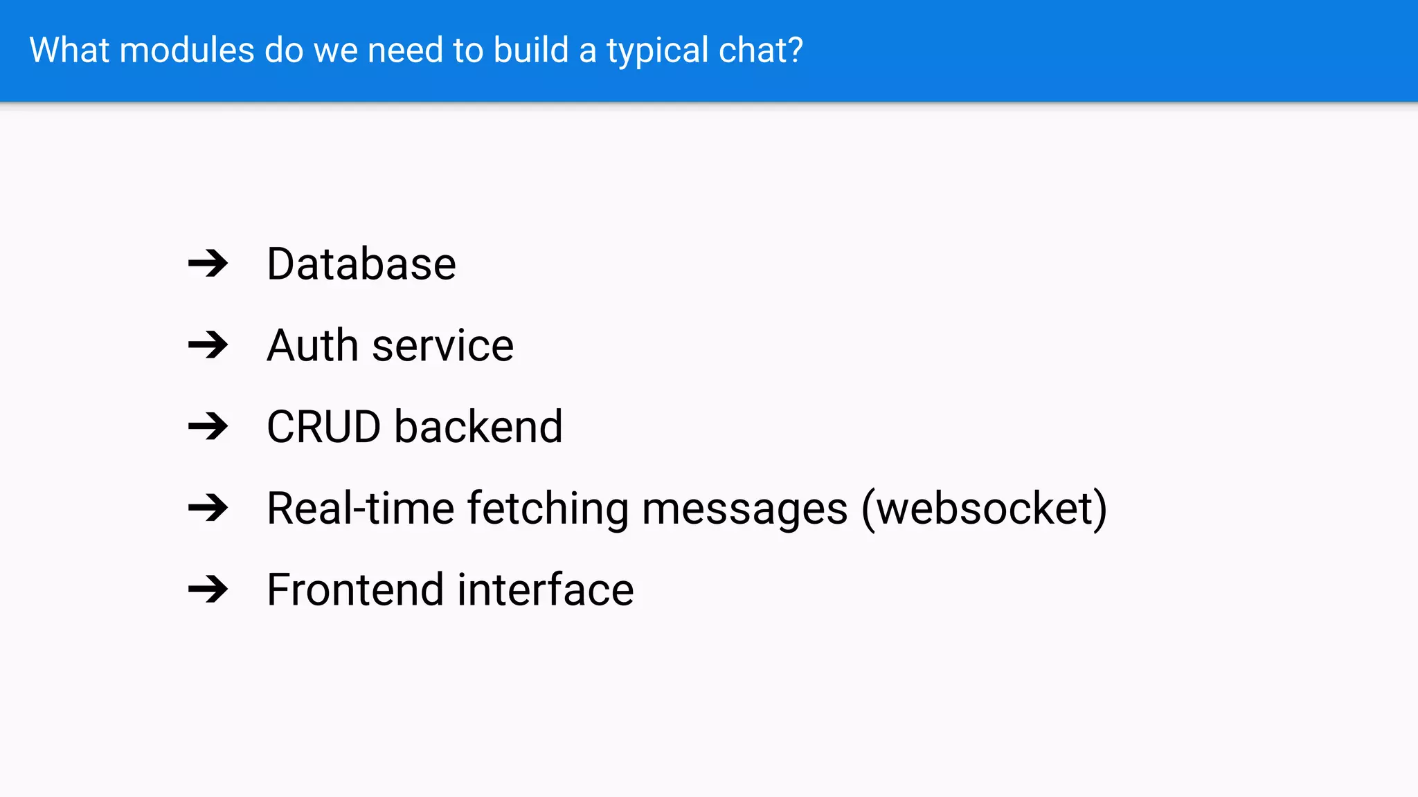 What modules do we need to build a typical chat?
➔ Database
➔ Auth service
➔ CRUD backend
➔ Real-time fetching messages (websocket)
➔ Frontend interface
 