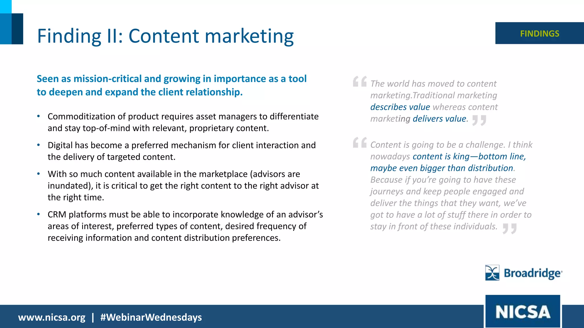 14© 2018 |
Finding II: Content marketing
Seen as mission-critical and growing in importance as a tool
to deepen and expand the client relationship.
• Commoditization of product requires asset managers to differentiate
and stay top-of-mind with relevant, proprietary content.
• Digital has become a preferred mechanism for client interaction and
the delivery of targeted content.
• With so much content available in the marketplace (advisors are
inundated), it is critical to get the right content to the right advisor at
the right time.
• CRM platforms must be able to incorporate knowledge of an advisor’s
areas of interest, preferred types of content, desired frequency of
receiving information and content distribution preferences.
FINDINGS
The world has moved to content
marketing.Traditional marketing
describes value whereas content
marketing delivers value.
”
“
Content is going to be a challenge. I think
nowadays content is king—bottom line,
maybe even bigger than distribution.
Because if you’re going to have these
journeys and keep people engaged and
deliver the things that they want, we’ve
got to have a lot of stuff there in order to
stay in front of these individuals.
”
“
www.nicsa.org | #WebinarWednesdays
 