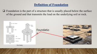  Foundation is the part of a structure that is usually placed below the surface
of the ground and that transmits the load on the underlying soil or rock.
Definition of Foundation
Foundatio
n
 