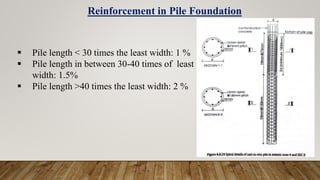 Reinforcement in Pile Foundation
 Pile length < 30 times the least width: 1 %
 Pile length in between 30-40 times of least
width: 1.5%
 Pile length >40 times the least width: 2 %
 