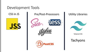 Development Tools
Tailwind CSS
Tachyons
CSS in JS Pre/Post-Processors Utility Libraries
 