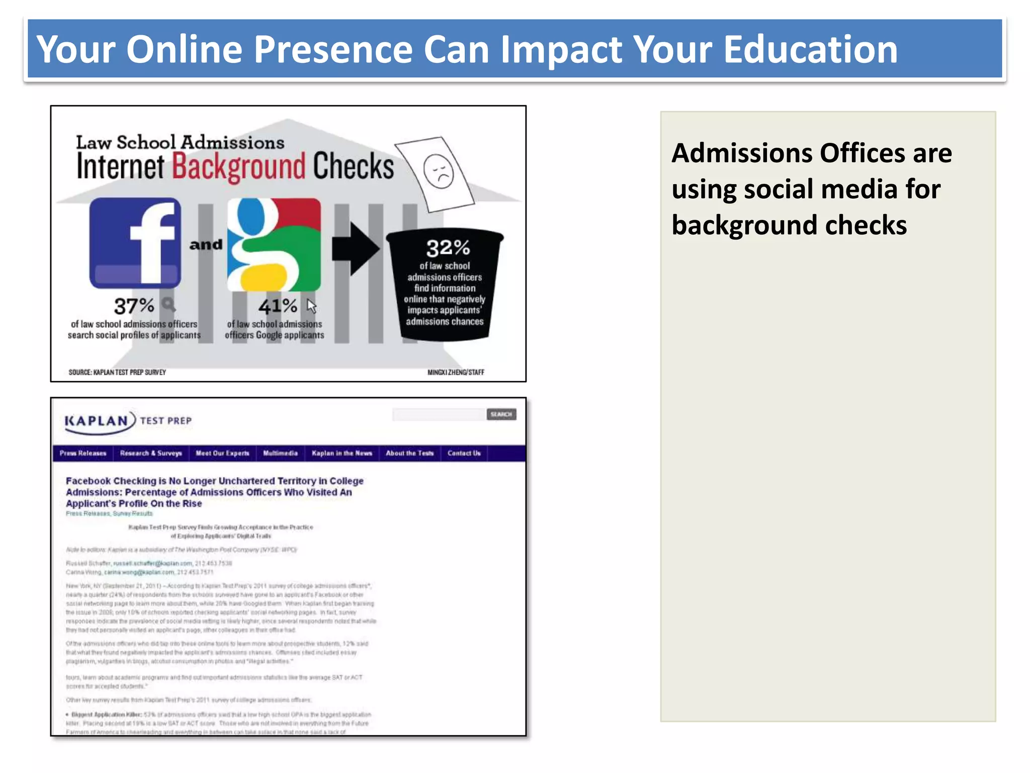 Your Online Presence Can Impact Your Education
Digital Reputation/Branding– Joe Sabado

                                 Admissions Offices are
                                 using social media for
                                 background checks
 