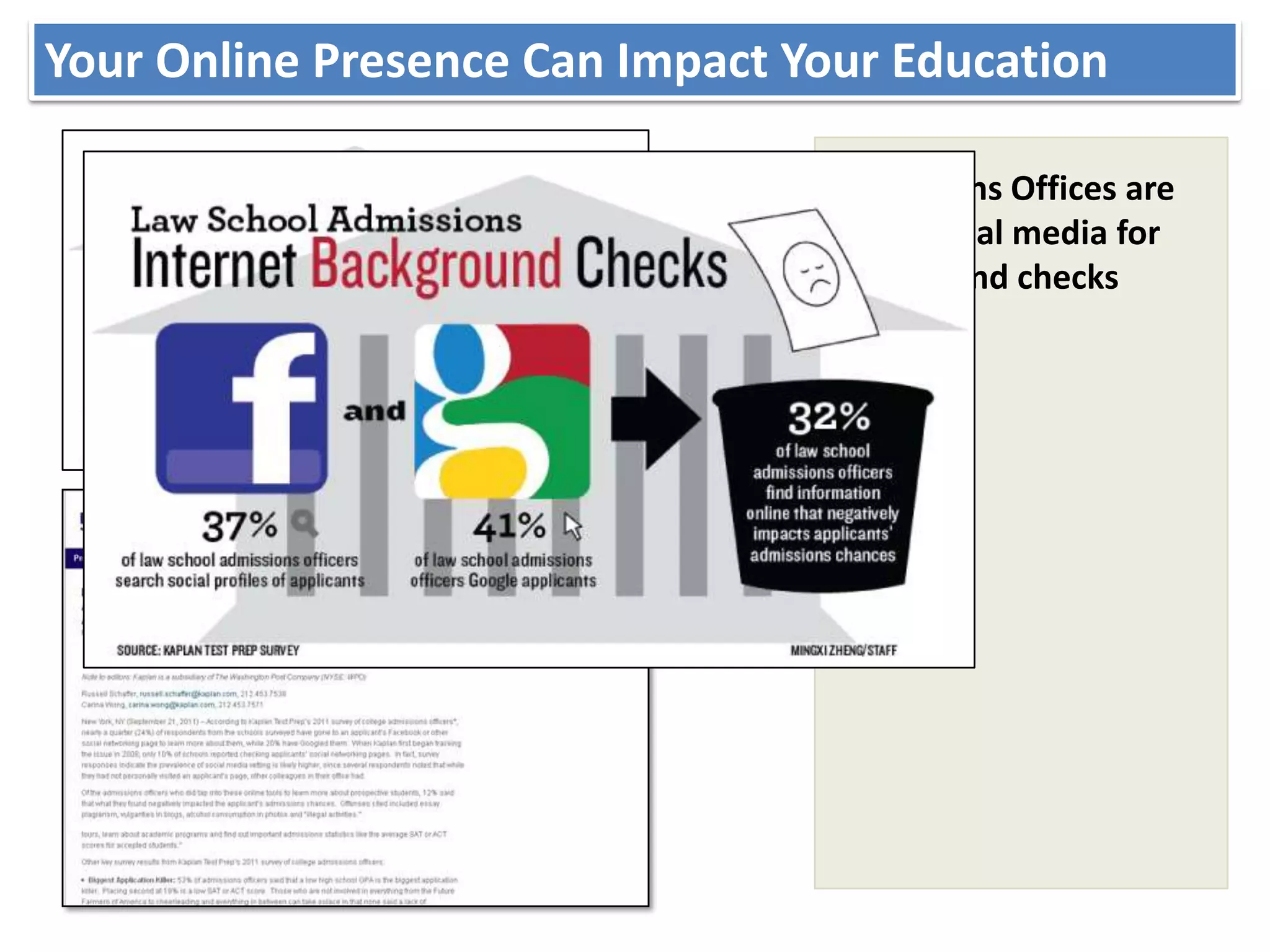 Your Online Presence Can Impact Your Education
Digital Reputation/Branding– Joe Sabado

                                 Admissions Offices are
                                 using social media for
                                 background checks
 