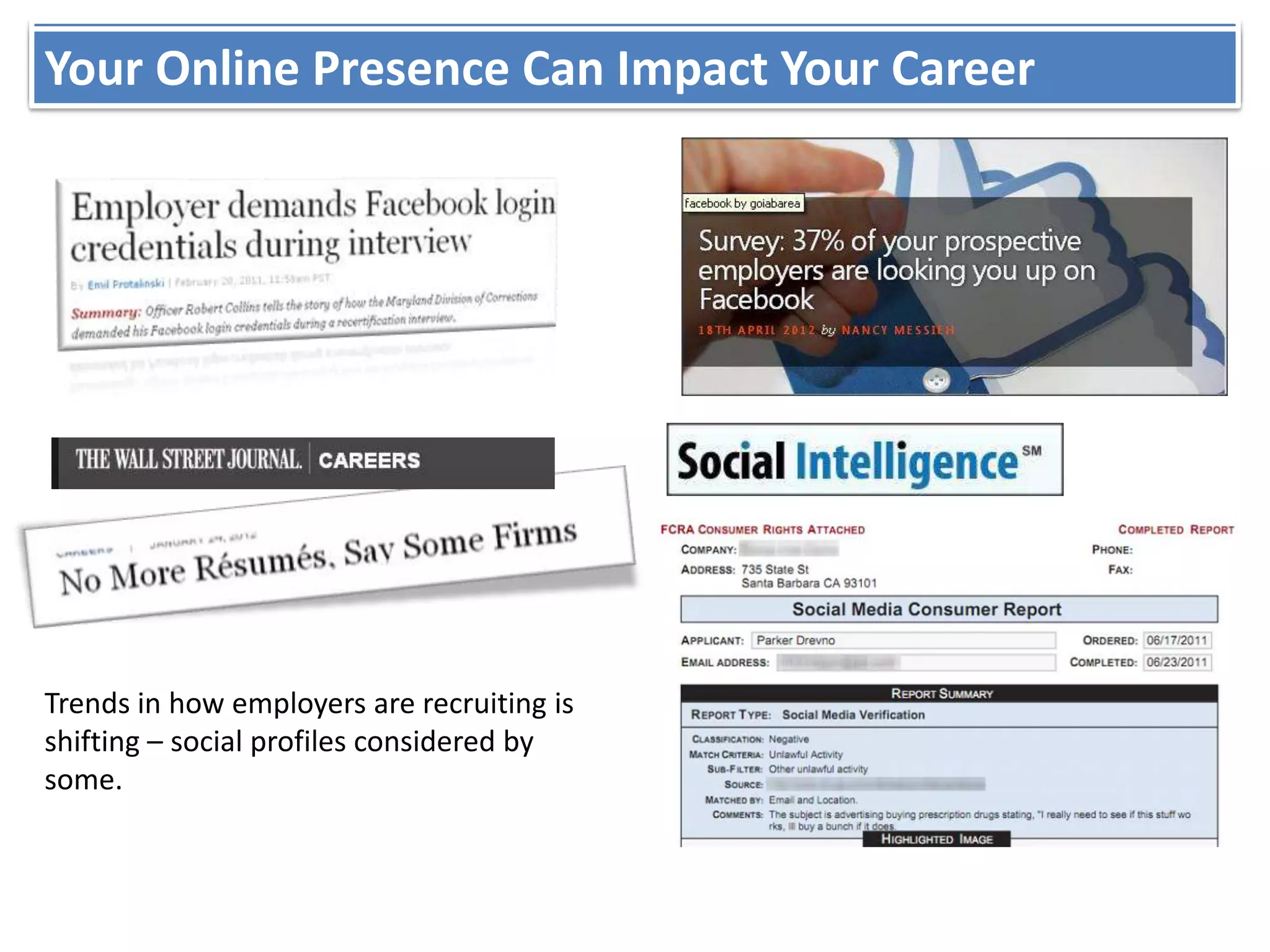DigitalOnline Presence Can Impact Your Career
Your Reputation/Branding– Joe Sabado




Trends in how employers are recruiting is
shifting – social profiles considered by
some.
 