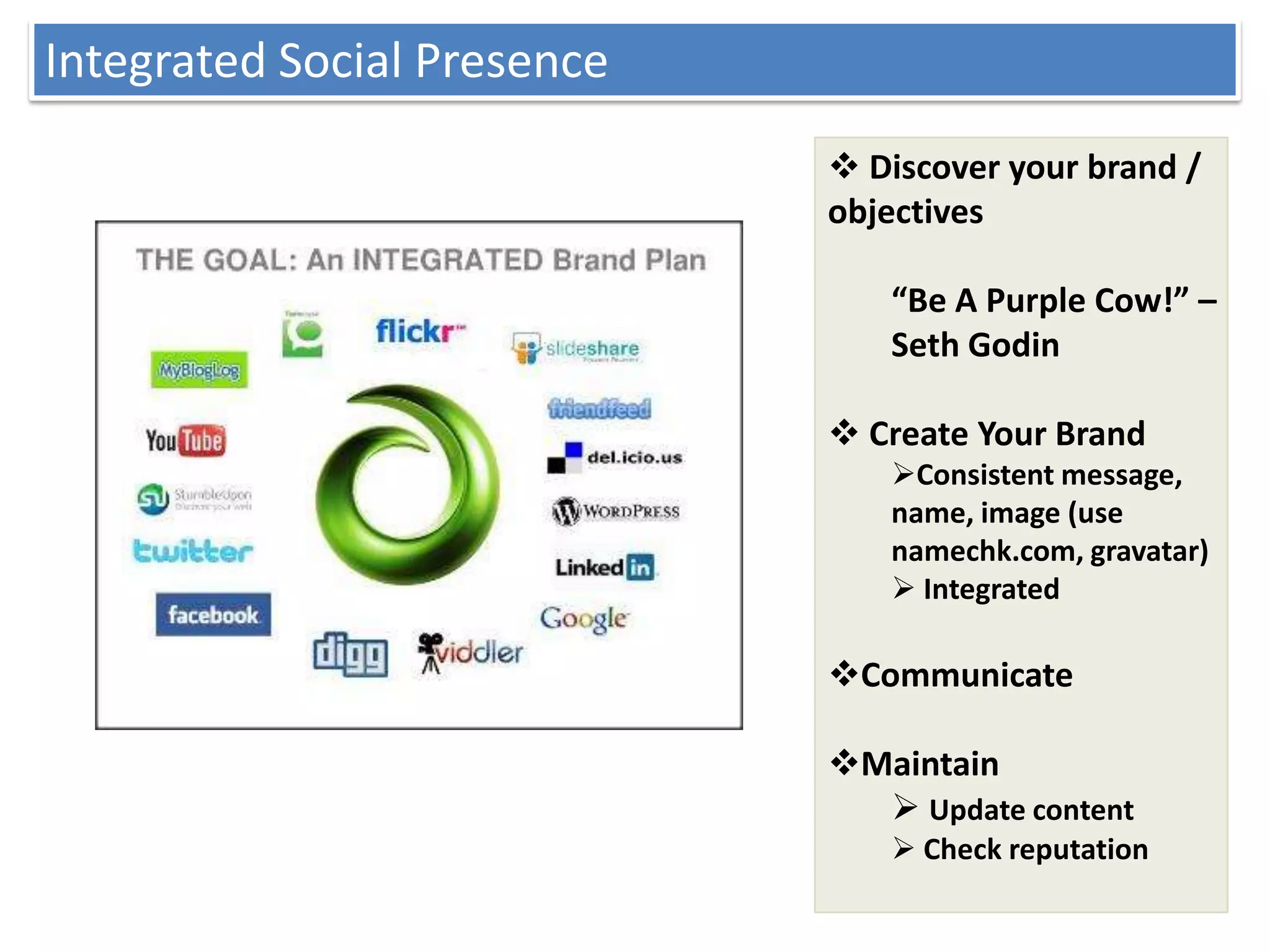 Integrated Social Presence
                              Discover your brand /
                             objectives

                                “Be A Purple Cow!” –
                                Seth Godin

                              Create Your Brand
                                Consistent message,
                                name, image (use
                                namechk.com, gravatar)
                                 Integrated

                             Communicate

                             Maintain
                                Update content
                                 Check reputation
 
