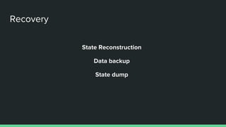 Recovery
State Reconstruction
Data backup
State dump
 