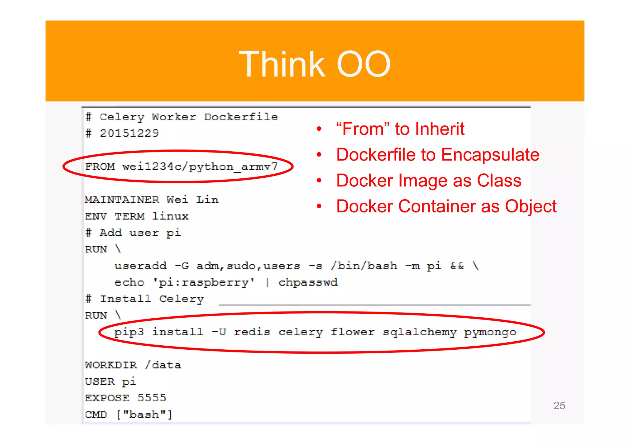 25 Think OO • “From” to Inherit • Dockerfile to Encapsulate • Docker Image as Class • Docker Container as Object 