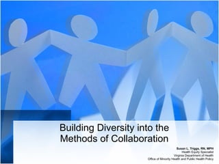 Building Diversity into the Methods of Collaboration Susan L. Triggs, RN, MPH Health Equity Specialist Virginia Department of Health Office of Minority Health and Public Health Policy 