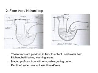 2. Floor trap / Nahani trap
• These traps are provided in floor to collect used water from
kitchen, bathrooms, washing areas.
• Made up of cast iron with removable grating on top.
• Depth of water seal not less than 40mm
 