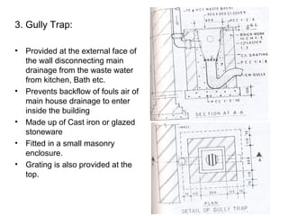 3. Gully Trap:
• Provided at the external face of
the wall disconnecting main
drainage from the waste water
from kitchen, Bath etc.
• Prevents backflow of fouls air of
main house drainage to enter
inside the building
• Made up of Cast iron or glazed
stoneware
• Fitted in a small masonry
enclosure.
• Grating is also provided at the
top.
 