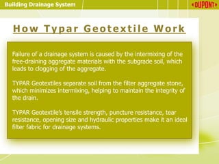 Building Drainage System
H o w T y p a r G e o t e x t i le W o r k
Failure of a drainage system is caused by the intermixing of the
free-draining aggregate materials with the subgrade soil, which
leads to clogging of the aggregate.
TYPAR Geotextiles separate soil from the filter aggregate stone,
which minimizes intermixing, helping to maintain the integrity of
the drain.
TYPAR Geotextile’s tensile strength, puncture resistance, tear
resistance, opening size and hydraulic properties make it an ideal
filter fabric for drainage systems.
 