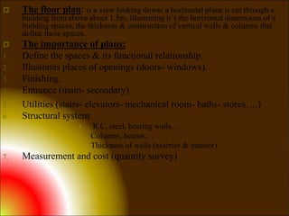 5. Utilities (stairs- elevators- mechanical room- baths- stores….)
6. Structural system:
1. R.C, steel, bearing walls…
2. Columns, beams,…
3. Thickness of walls (exterior & interior)
7. Measurement and cost (quantity survey)
 The floor plan: is a view looking down/ a horizontal plane is cut through a
building from above about 1.5m, illustrating it’s the horizontal dimensions of a
building spaces, the thickness & construction of vertical walls & columns that
define these spaces.
 The importance of plans:
1. Define the spaces & its functional relationship.
2. Illustrates places of openings (doors- windows).
3. Finishing.
4. Entrance (main- secondary)
 