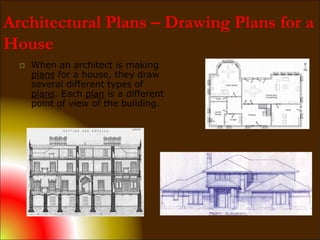 Architectural Plans – Drawing Plans for a
House
 When an architect is making
plans for a house, they draw
several different types of
plans. Each plan is a different
point of view of the building.
 