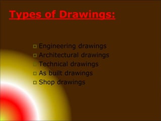 Types of Drawings:
 Engineering drawings
 Architectural drawings
 Technical drawings
 As built drawings
 Shop drawings
 