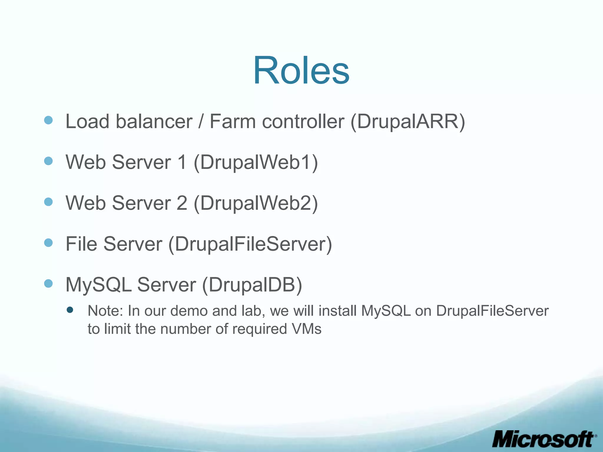 Roles  Load balancer / Farm controller (DrupalARR)  Web Server 1 (DrupalWeb1)  Web Server 2 (DrupalWeb2)  File Server (DrupalFileServer)  MySQL Server (DrupalDB)  Note: In our demo and lab, we will install MySQL on DrupalFileServer to limit the number of required VMs 