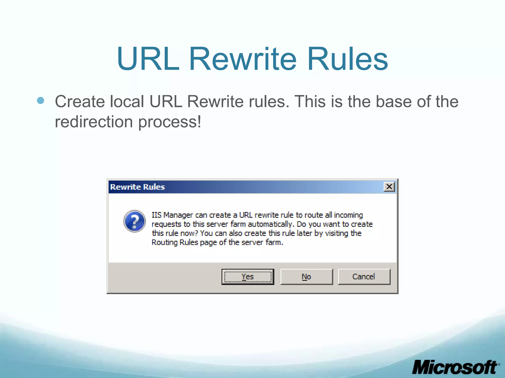 URL Rewrite Rules  Create local URL Rewrite rules. This is the base of the redirection process! 