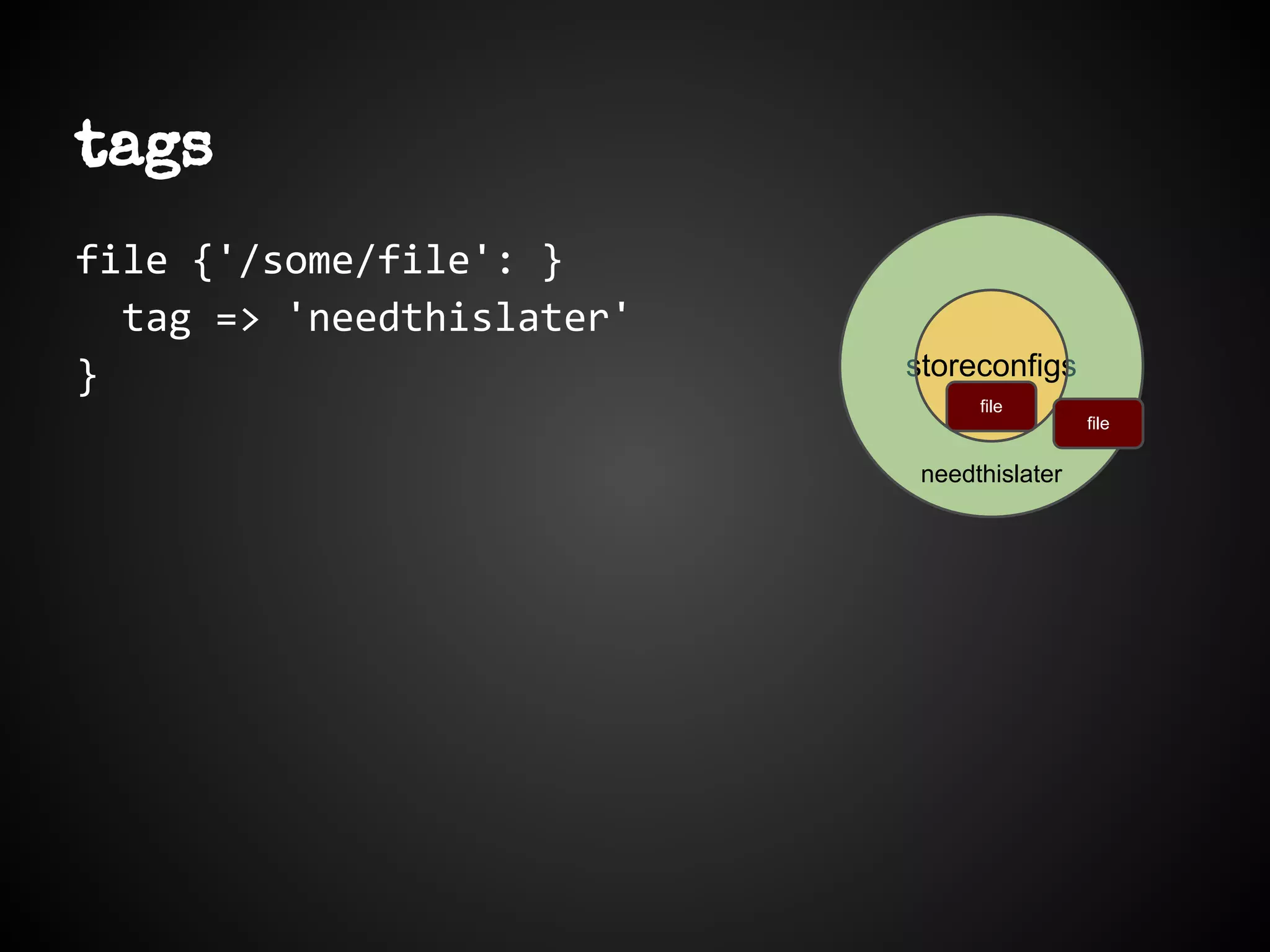 tags
file {'/some/file':
tag => 'needthislater'
} storeconfigs
needthislater
file
file
file {'/some/file': }
 
