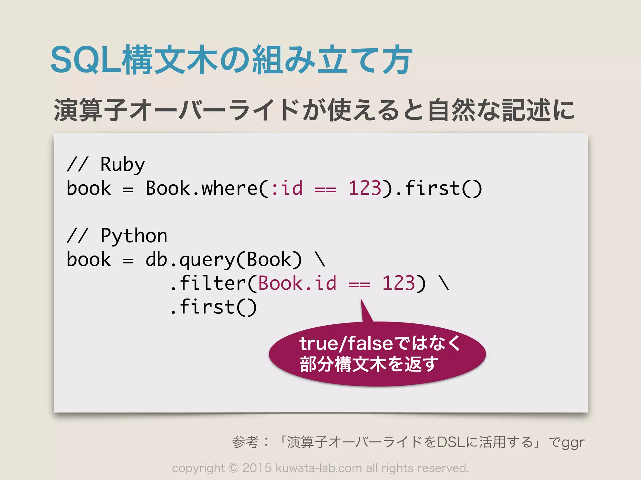 copyright 2015 kuwata-lab.com all rights reserved.©
SQL構文木の組み立て方
演算子オーバーライドが使えると自然な記述に
//	 Ruby

book	 =	 Book.where(:id	 ==	 123).first()

//	 Python

book	 =	 db.query(Book)	 

	 	 	 	 	 	 	 	 	 .filter(Book.id	 ==	 123)	 

	 	 	 	 	 	 	 	 	 .first()
true/falseではなく
部分構文木を返す
参考：「演算子オーバーライドをDSLに活用する」でggr
 