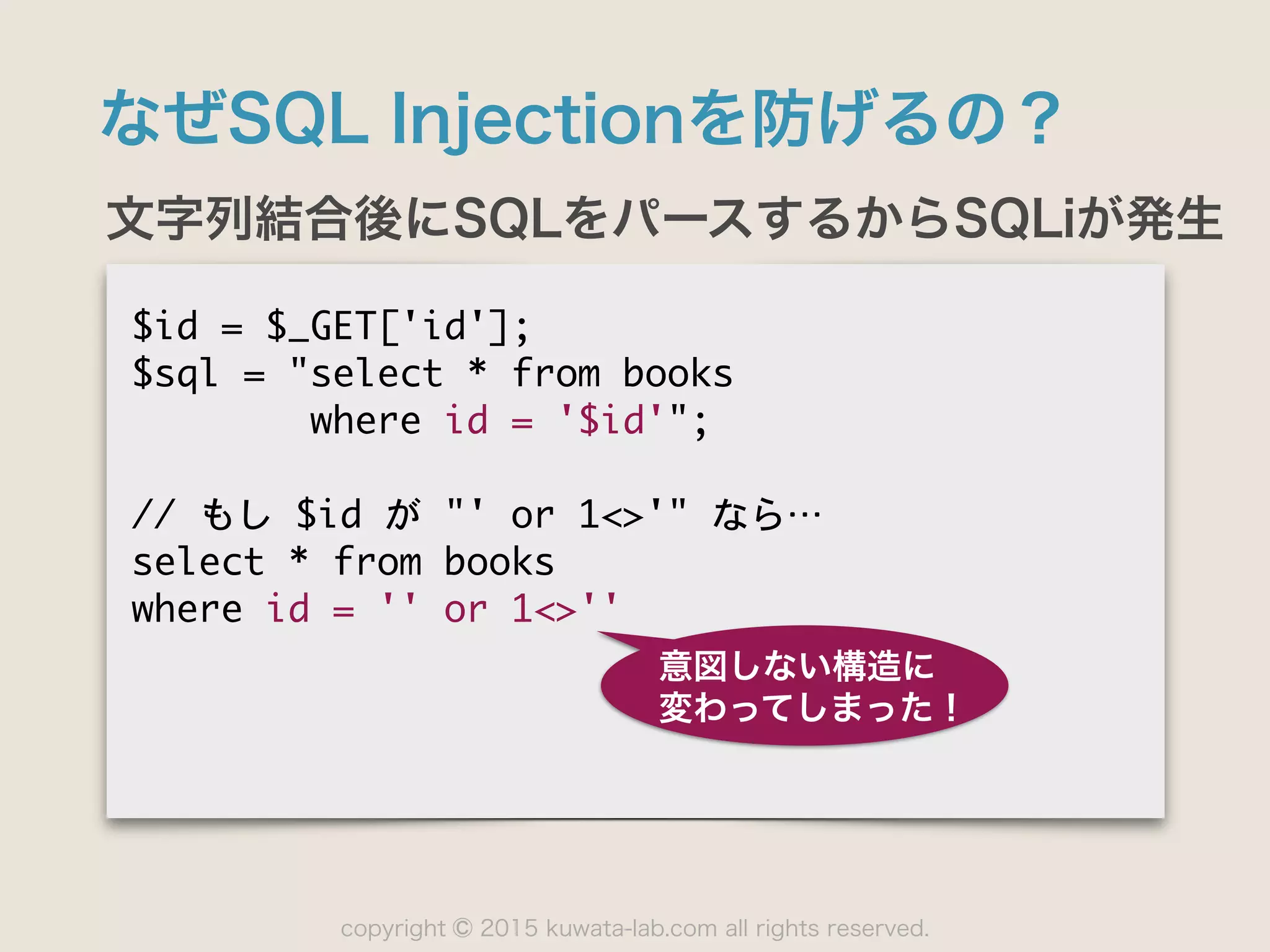 copyright 2015 kuwata-lab.com all rights reserved.©
なぜSQL Injectionを防げるの？
文字列結合後にSQLをパースするからSQLiが発生
$id	 =	 $_GET['id'];

$sql	 =	 "select	 *	 from	 books

	 	 	 	 	 	 	 	 where	 id	 =	 '$id'";

//	 もし	 $id	 が	 "'	 or	 1<>'"	 なら…⋯

select	 *	 from	 books

where	 id	 =	 ''	 or	 1<>''

意図しない構造に
変わってしまった！
 
