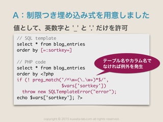 copyright 2015 kuwata-lab.com all rights reserved.©
A：制限つき埋め込み式を用意しました
値として、英数字と '_' と '.' だけを許可
//	 SQL	 template

select	 *	 from	 blog_entries

order	 by	 [=:sortkey=]

//	 PHP	 code

select	 *	 from	 blog_entries

order	 by	 <?php

if	 (!	 preg_match('/^w+(.w+)*$/',

	 	 	 	 	 	 	 	 	 	 	 	 	 	 	 	 	 $vars['sortkey'])

	 	 throw	 new	 SQLTemplateError("error");

echo	 $vars['sortkey'];	 ?>
テーブル名やカラム名で
なければ例外を発生
 