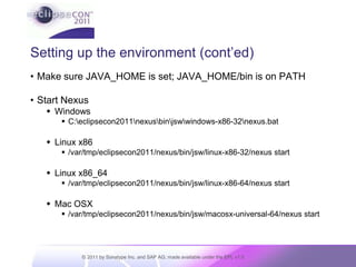 Setting up the environment (cont’ed)Make sure JAVA_HOME is set; JAVA_HOME/bin is on PATHStart NexusWindowsC:\eclipsecon2011\nexus\bin\jsw\windows-x86-32\nexus.batLinux x86/var/tmp/eclipsecon2011/nexus/bin/jsw/linux-x86-32/nexus startLinux x86_64/var/tmp/eclipsecon2011/nexus/bin/jsw/linux-x86-64/nexus startMac OSX/var/tmp/eclipsecon2011/nexus/bin/jsw/macosx-universal-64/nexus start