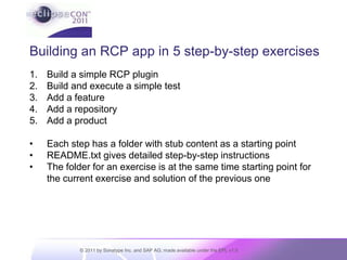Developer credentials: eclipsecon/eclipseconSetting up the environment (cont’ed)Unzip Eclipse IDE to eclipsecon2011Windows ide\eclipsecon2011.tycho.tutorial.ide-win32.win32.x86.zipLinux x86ide/eclipsecon2011.tycho.tutorial.ide-linux.gtk.x86.zipLinux x86_64ide/eclipsecon2011.tycho.tutorial.ide-linux.gtk.x86_64.zipMax OSXide/eclipsecon2011.tycho.tutorial.ide-win32.win32.x86.zipStart Eclipse IDE by runningeclipsecon2011/eclipse/eclipse