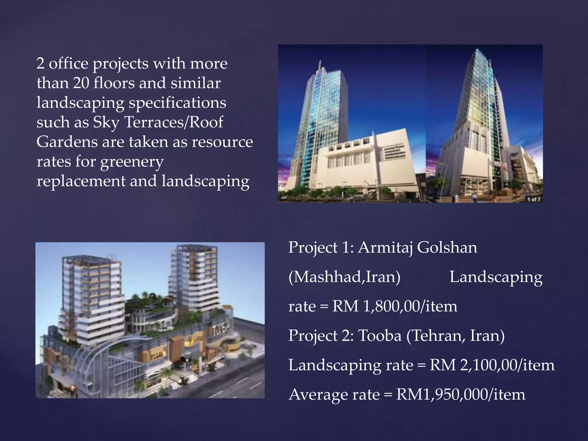 2 office projects with more
than 20 floors and similar
landscaping specifications
such as Sky Terraces/Roof
Gardens are taken as resource
rates for greenery
replacement and landscaping
Project 1: Armitaj Golshan
(Mashhad,Iran) Landscaping
rate = RM 1,800,00/item
Project 2: Tooba (Tehran, Iran)
Landscaping rate = RM 2,100,00/item
Average rate = RM1,950,000/item
 