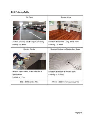 Page | 16
2.3.4 Finishing Table
PU Paint Timber Strips
Location : Loading bay & Carpark/Driveway
Finishing To : Floor
Location : Bedrooms, Living, Study room
Finishing To : Floor
Cement Render Moisture Resistance Plasterglass Board
Location : M&E Room, BOH, Staircase &
Loading Area
Finishing to : Floor
Location : Bathroom & Powder room
Finishing to : Ceiling
800 x 800 Granites Tiles 300mm x 600mm Homogeneous Tile
 