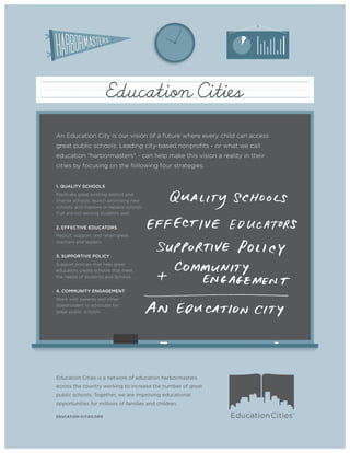 Education Cities is a network of education harbormasters
across the country working to increase the number of great
public schools. Together, we are improving educational
opportunities for millions of families and children.
EDUCATION-CITIES.ORG
1. QUALITY SCHOOLS
Replicate great existing district and
charter schools, launch promising new
schools, and improve or replace schools
that are not serving students well.
2. EFFECTIVE EDUCATORS
Recruit, support, and retain great
teachers and leaders.
3. SUPPORTIVE POLICY
Support policies that help great
educators create schools that meet
the needs of students and families.
4. COMMUNITY ENGAGEMENT
Work with parents and other
stakeholders to advocate for
great public schools.
An Education City is our vision of a future where every child can access
great public schools. Leading city-based nonprofits - or what we call
education "harbormasters" - can help make this vision a reality in their
cities by focusing on the following four strategies:
 