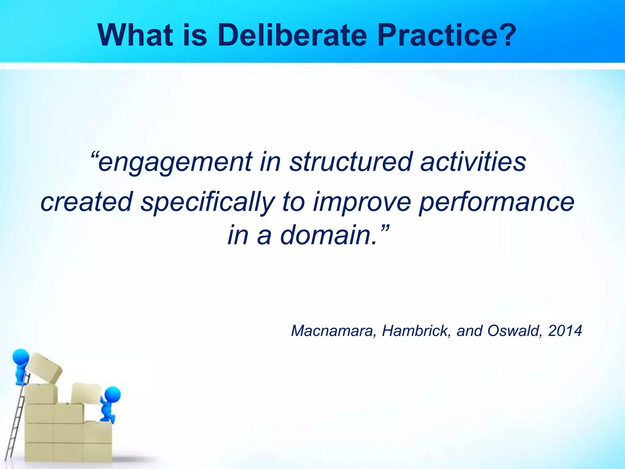 What is Deliberate Practice?
“engagement in structured activities
created specifically to improve performance
in a domain.”
Macnamara, Hambrick, and Oswald, 2014
 