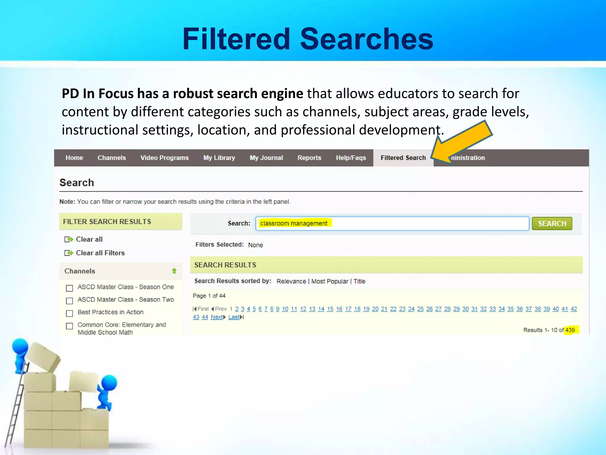 Filtered Searches
PD In Focus has a robust search engine that allows educators to search for
content by different categories such as channels, subject areas, grade levels,
instructional settings, location, and professional development.
 