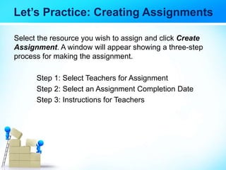 Let’s Practice: Creating Assignments
Select the resource you wish to assign and click Create
Assignment. A window will appear showing a three-step
process for making the assignment.
Step 1: Select Teachers for Assignment
Step 2: Select an Assignment Completion Date
Step 3: Instructions for Teachers
 