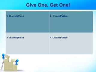Give One, Get One!
1. Channel/Video 2. Channel/Video
3. Channel/Video 4. Channel/Video
 
