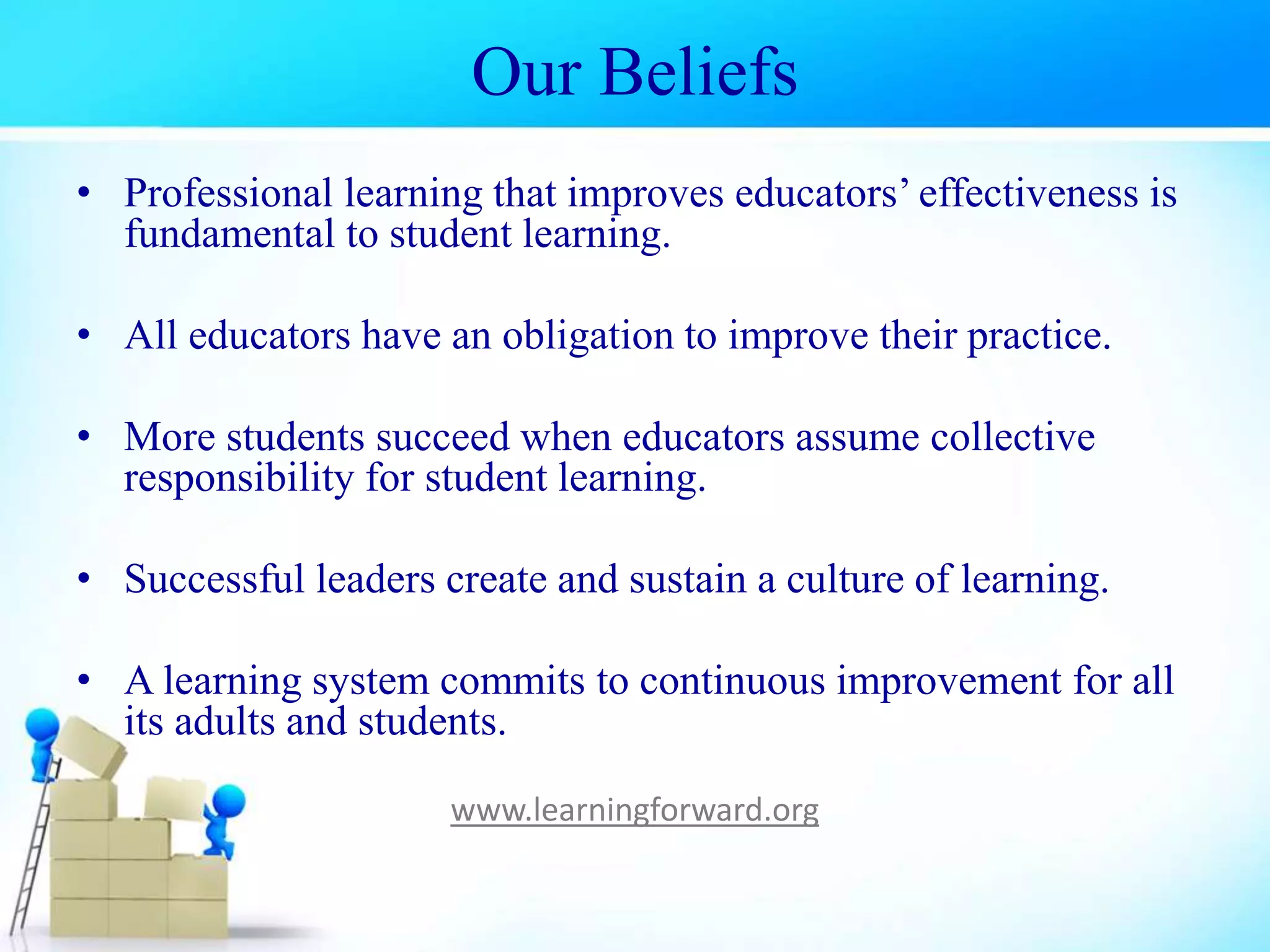 Our Beliefs
• Professional learning that improves educators’ effectiveness is
fundamental to student learning.
• All educators have an obligation to improve their practice.
• More students succeed when educators assume collective
responsibility for student learning.
• Successful leaders create and sustain a culture of learning.
• A learning system commits to continuous improvement for all
its adults and students.
www.learningforward.org
 