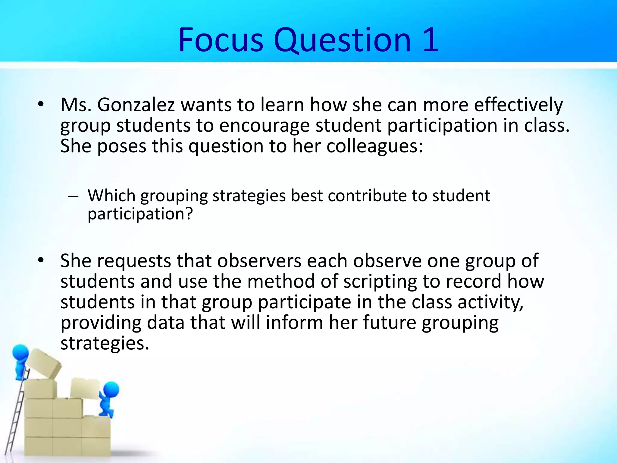 Focus Question 1
• Ms. Gonzalez wants to learn how she can more effectively
group students to encourage student participation in class.
She poses this question to her colleagues:
– Which grouping strategies best contribute to student
participation?
• She requests that observers each observe one group of
students and use the method of scripting to record how
students in that group participate in the class activity,
providing data that will inform her future grouping
strategies.
 