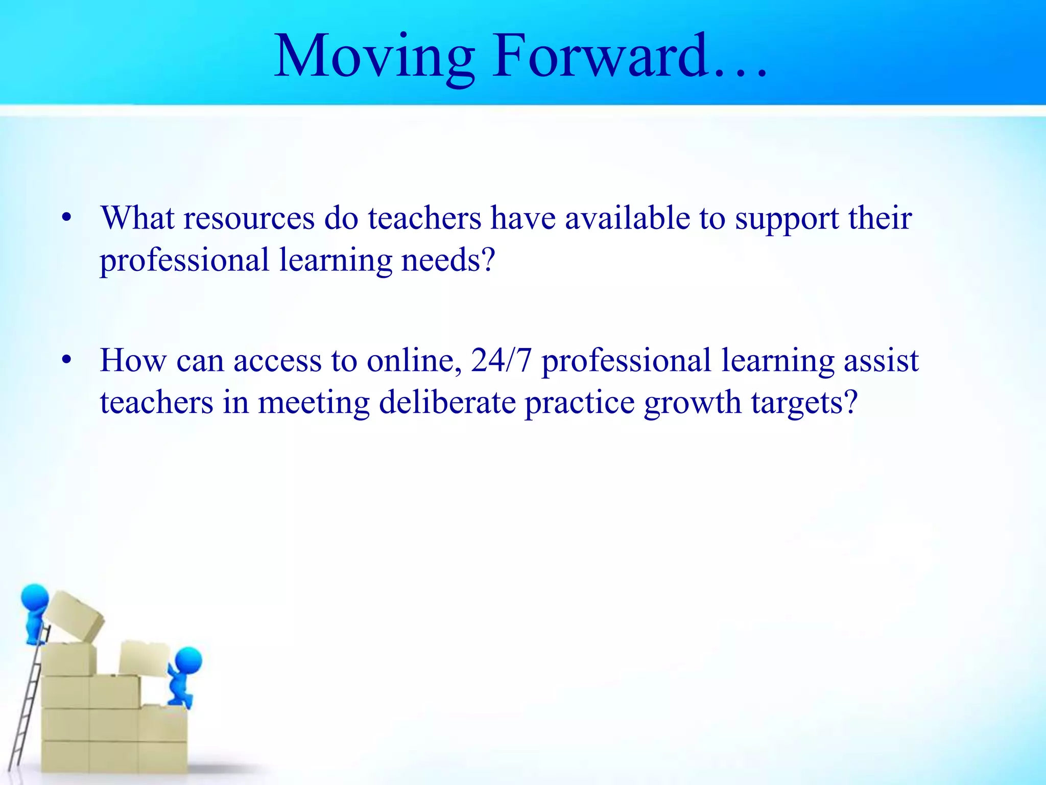 Moving Forward…
• What resources do teachers have available to support their
professional learning needs?
• How can access to online, 24/7 professional learning assist
teachers in meeting deliberate practice growth targets?
 