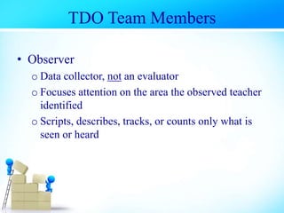 TDO Team Members
• Observer
o Data collector, not an evaluator
o Focuses attention on the area the observed teacher
identified
o Scripts, describes, tracks, or counts only what is
seen or heard
 