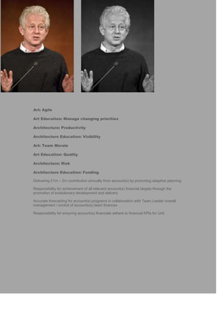 Art: Agile
Art Education: Manage changing priorities
Architecture: Productivity
Architecture Education: Visibility
Art: Team Morale
Art Education: Quality
Architecture: Risk
Architecture Education: Funding
Delivering £1m – 2m contribution annually from account(s) by promoting adaptive planning
Responsibility for achievement of all relevant account(s) financial targets through the
promotion of evolutionary development and delivery
Accurate forecasting for account(s) programs in collaboration with Team Leader overall
management / control of accounts(s) team finances
Responsibility for ensuring account(s) financials adhere to financial KPIs for Unit
 