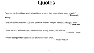 17
Quotes
"Most people do not listen with the intent to understand; they listen with the intent to reply. “
― Stephen R.
Covey
"Effective communication is 20%what you know and80% how you feel about what you know. “
― Jim Rohn
“When the trust account is high, communication is easy, instant, and effective.”
― Stephen R. Covey
“We are stronger when we listen, and smarter when we share.”
― Rania Al-Abdullah
 