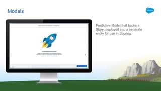 Models
Predictive Model that backs a
Story, deployed into a separate
entity for use in Scoring.
 